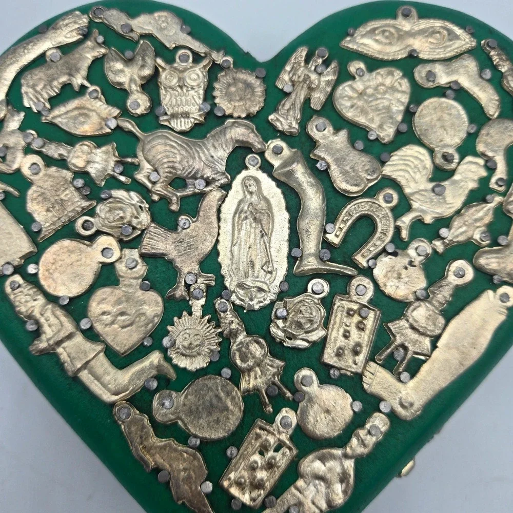 Mexican Milagros Green Painted Wood Heart Plaque Folk Art Wall Hanging Guadalupe